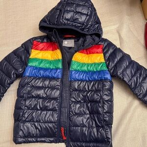 Primary Navy Puffer Jacket with Rainbow Stripes NWOT